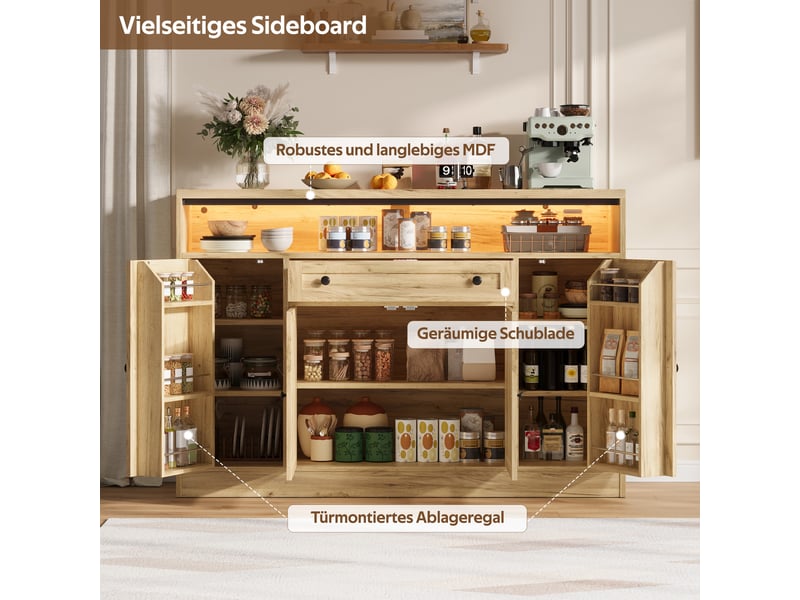 Buffet bas 140x35x95 cm bois naturel avec led rgb, 4 portes style grange, tiroir, étagères de rangement, meuble cuisine salle à manger moderne - Conforama E