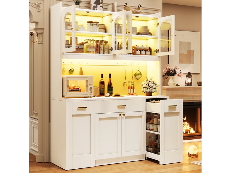  Buffet de cuisine haut avec étagères, 3 vitrines en verre, led rgb et tablettes coulissantes, 120 × 40 × 187 cm  - Conforama B