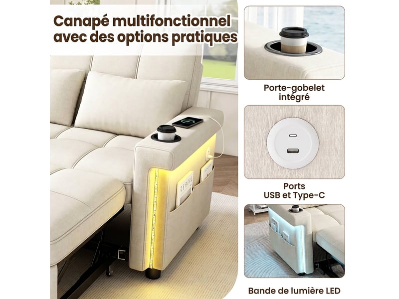  Canapé 2 places convertible avec éclairage led, dossier réglable 3 positions, beige  - Conforama C
