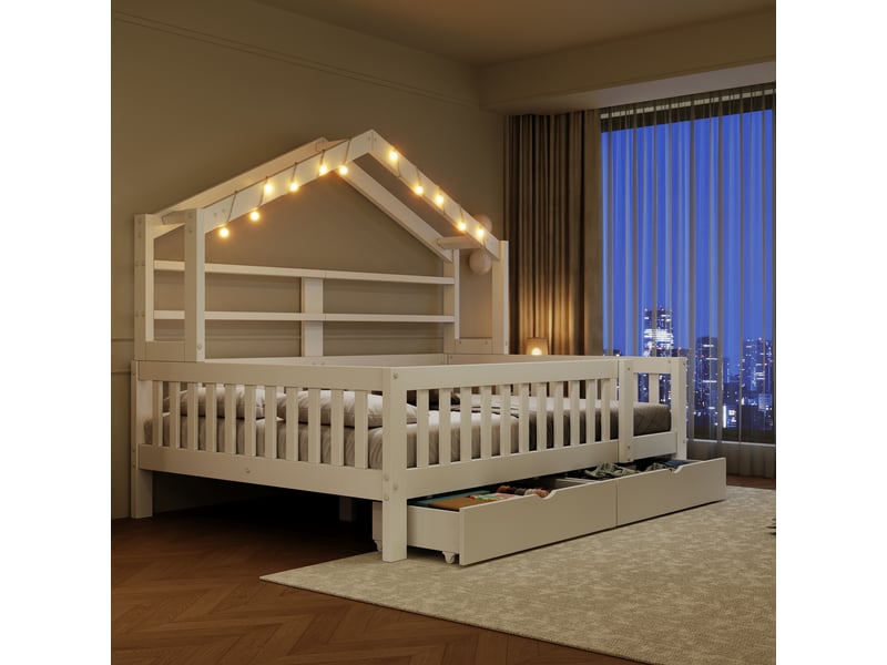  Lit cabane enfant 140x200 cm, lit au sol, tiroirs de rangement, barrière de sécurité, éclairage led, support à lattes stable, pin blanc OPULERANE TRADING LTD - Conforama B