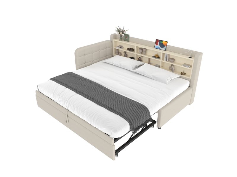  Lit banquette 90x200 en lin beige - lit gigogne extensible 180x200 avec ports usbtype c et rangements  - Conforama A