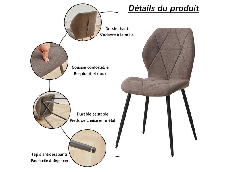  Lot de 4 chaises - chaise de salle à manger vintage en forme de diamant - chaise en lin - pieds en métal(brun) Grand-house - Conforama B