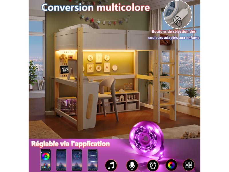  Lit mezzanine enfant 140x200cm en pin avec bureau,panneau perforé,éclairage led,lit superposé double avec barrières,sans matelas,naturel  - Conforama D