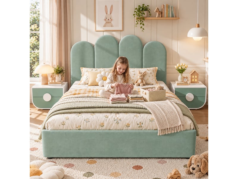  Lit double rembourré 140x200cm avec 4 tiroirs de rangement et tête de lit arquée, lit plateforme avec grand rangement, velours, vert clair evarich - Conforama B