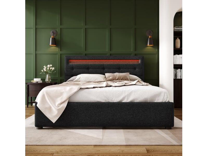  Lit double rembourré 140x200 cm noir avec sommier à lattes, led, tête réglable, 4 tiroirs  - Conforama D