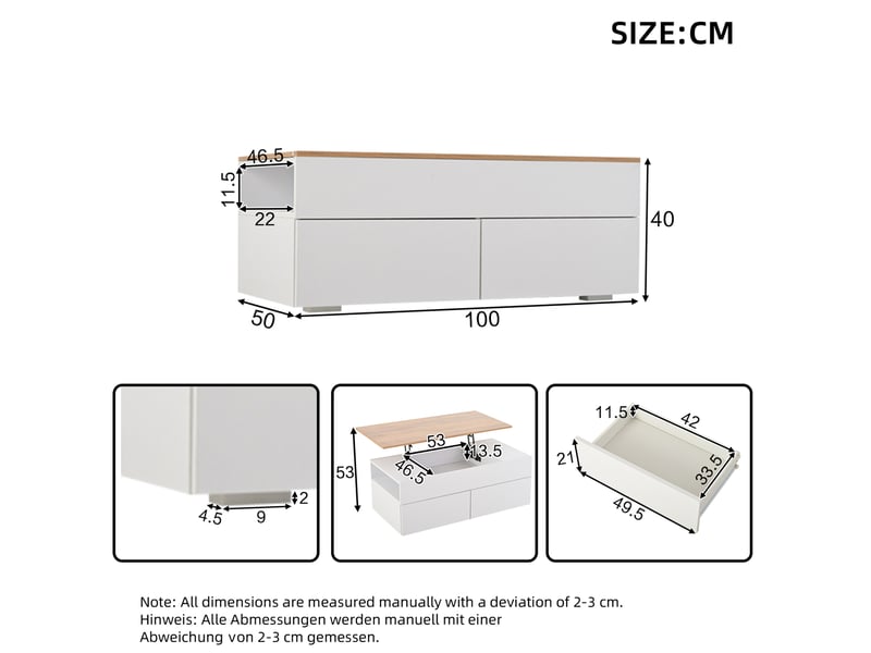 Table basse relevable 100 x 50 cm avec 2 tiroirs et rangement, blanc et bois  - Conforama C