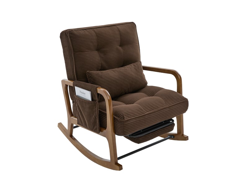 Fauteuil à bascule moderne en velours côtelé marron avec repose-pieds et coussin lombaire - Conforama D