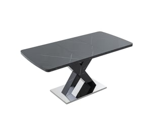 Table à manger rectangulaire moderne extensible 120–160 cm, plateau effet marbre noir, pieds en x mdf, socle métallique