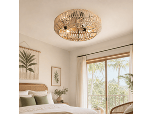 Ventilateur de plafond en rotin tressé fermé 56cm avec moteur dc réversible 6 vitesses et télécommande