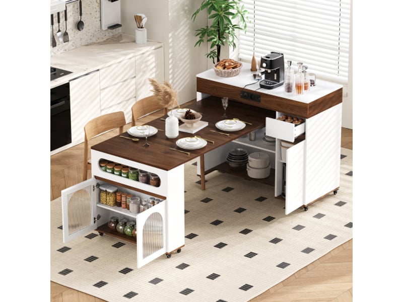 Îlot de cuisine sur roulettes avec table extensible et multiprises encastrées – verre strié, buffet blanc et noyer - Conforama D