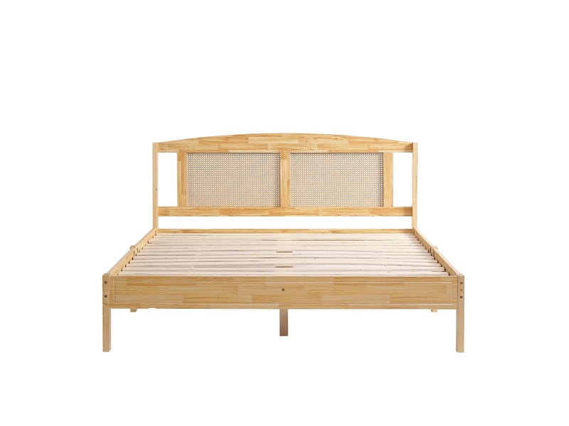  Lit double 160x200 cm, avec tête de lit cannage, cadre de lit style bohème chic, structure en bois de pin massif, sommier à lattes, naturel  - Conforama D