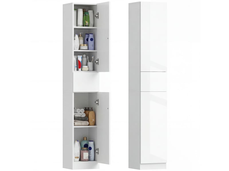 Meuble colonne rangement salle de bain style contemporain 2 placards 3 étagères et 1 tiroir coulissant panneaux particules brillant dim. 30l x 28p x 170h cm blanc laqué - Conforama B