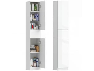 Meuble colonne rangement salle de bain style contemporain 2 placards 3 étagères et 1 tiroir coulissant panneaux particules brillant dim. 30l x 28p x 170h cm blanc laqué