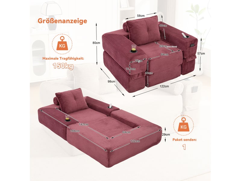  Canapé droit convertible 1 place en velours côtelé rouge bordeaux, poche latérale et porte-gobelet intégrés  - Conforama C