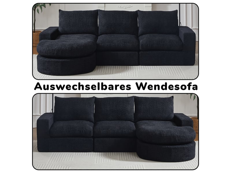  Canapé d’angle modulable avec méridienne réversible 4 modules - lpospi - coussins double épaisseur chenille noir 250 × 160 × 80 cm  - Conforama E
