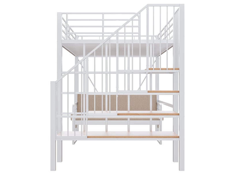  Lit superposé métal blanc 140x200 cm, canapé rembourré amovible, rangement et escalier sécurisé  - Conforama E