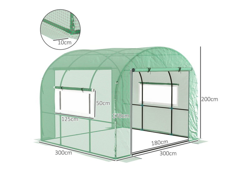  Serre de jardin serre tunnel de jardin 9m² pe haute densité 135 gm², avec 2 portes zippées 300 x 300 x 200 cm, vert  - Conforama E