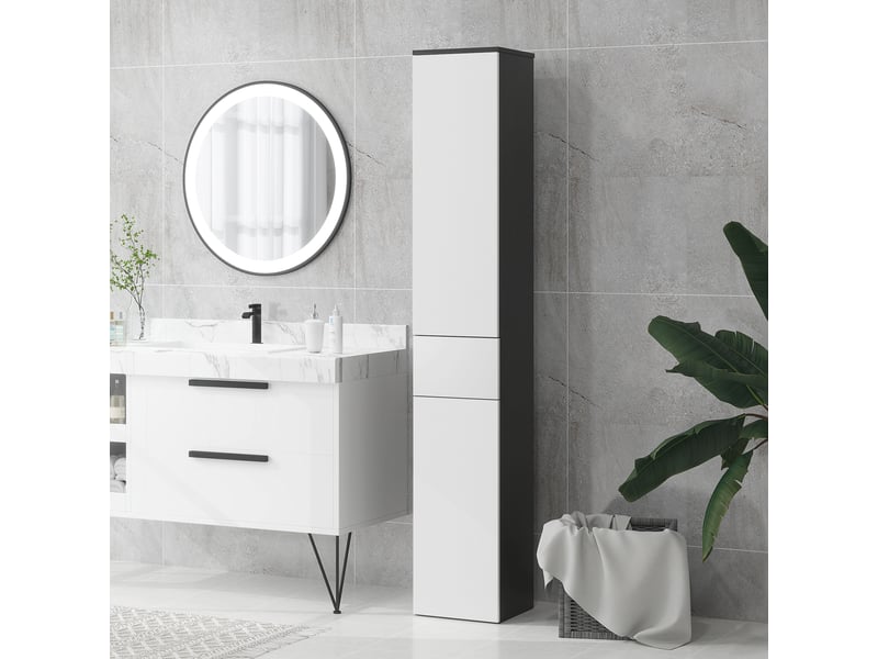  Colonne de salle de bain en bois gain de place avec 2 placards et un tiroir, 30 x 28 x 180 cm, noire  - Conforama D