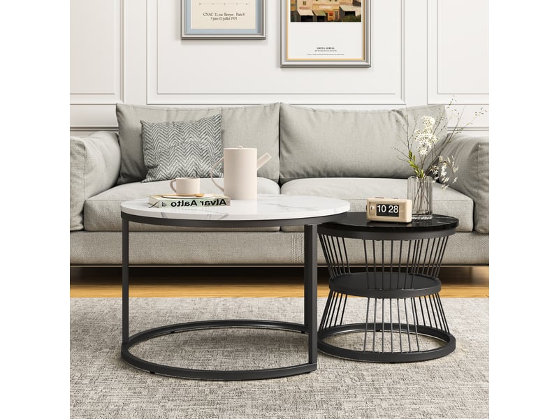  Lot de 2 tables basses rondes 7045cm noir et blanc - design industriel avec plateau effet marbre et étagère de rangement  - Conforama C