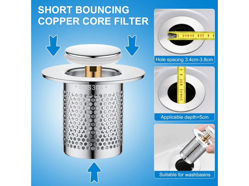  Crépine d'évier en acier inoxydable, bouchon de vidange d'évier à poussoir, version courte, 2 pièces  - Conforama C