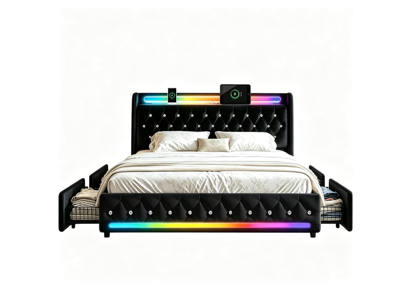  Lit 2 places 160x200 cm noir avec bluetooth, 4 tiroirs, led, ports usb+type-c sans matelas EBD852Q-BK - Conforama A