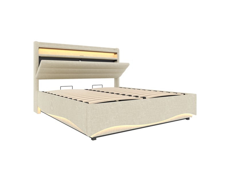  Lit capitonné, 140 x 200 cm, sans matelas, avec éclairage led, mécanisme hydraulique, ports usb et type-c, compartiment de rangement, étagères, revêtement en lin, beige  - Conforama D