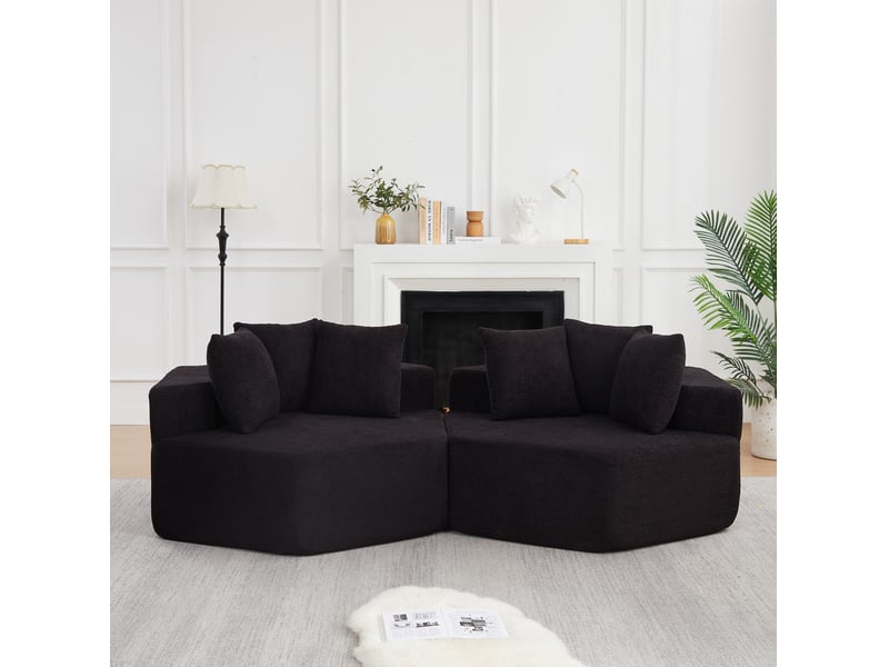  Fauteuils modulables compressés et hexagonaux souples lot de 2, assise de 2 places, en tissu chenille, couleur noir  - Conforama B