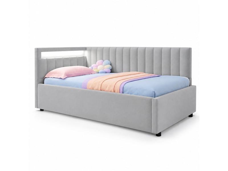  Lit banquette coffre 90x200 cm led en velours gris clair  - Conforama A