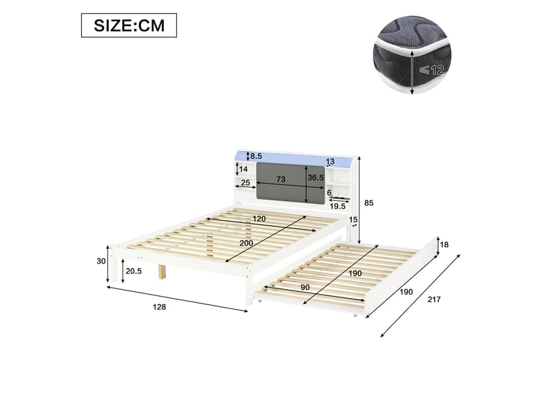  Lit gigogne 120x200 cm + 90x190 cm avec éclairage led et tête de lit rembourrée en bois blanc  - Conforama E