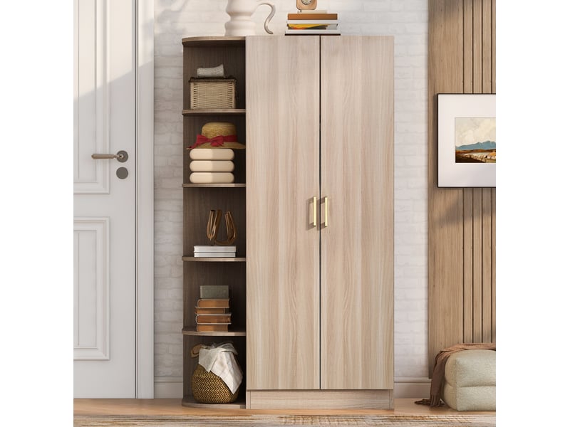  Armoire 2 portes 90 x 55 x 170 cm avec étagères, tiroirs et penderie, bois clair  - Conforama B