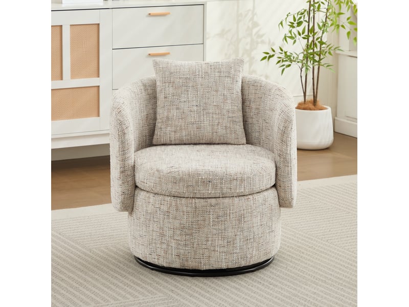  Fauteuil pivotant à 360° avec rangement dissimulé et coussin de dossier, en bois et tissu chenille ivoire  - Conforama D
