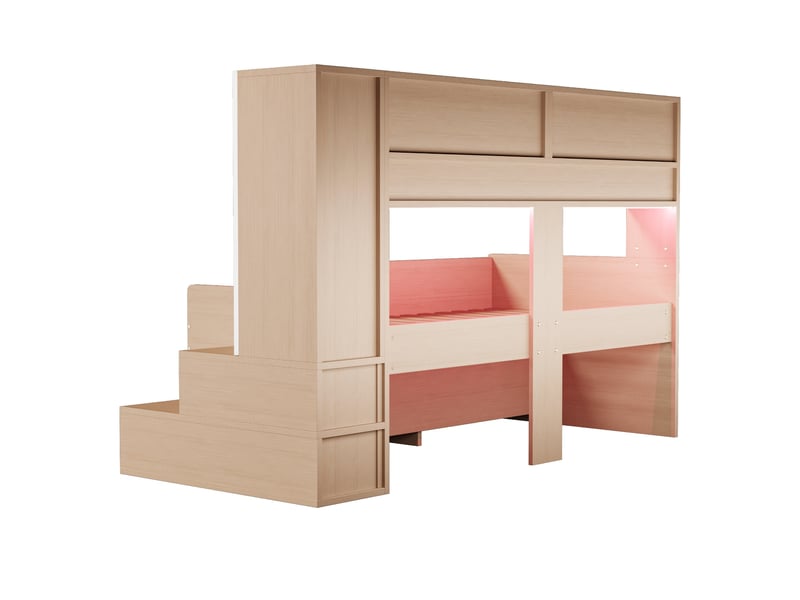 Lit enfant avec barrières de sécurité, 90 x 200 cm, comprenant des compartiments de rangement, une armoire, naturel  - Conforama E