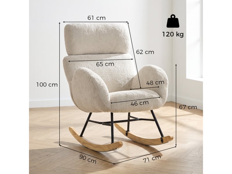 Fauteuil à bascule rembourré avec appui-tête réglable, velours à motif gouttes de pluie, structure en bois d'hévéa, blanc crème - Conforama D
