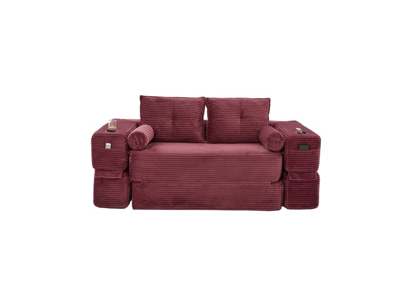 Canapé convertible 2 places avec poches latérales, porte-gobelet et coussins en velours côtelé rouge bordeaux - Conforama A