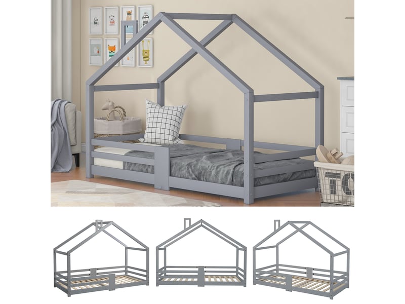  Lit cabane enfant tcqpz 90 x 200 cm avec cheminée, sécurité anti-chute, lattes robustes, bois, gris  - Conforama D