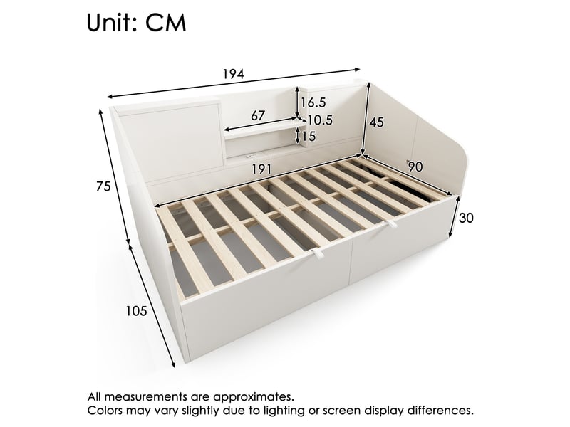Lit coffre 90 x 190 cm design minimaliste grand rangement ports usb et type-c sommier inclus bois blanc sans matelas - Conforama C