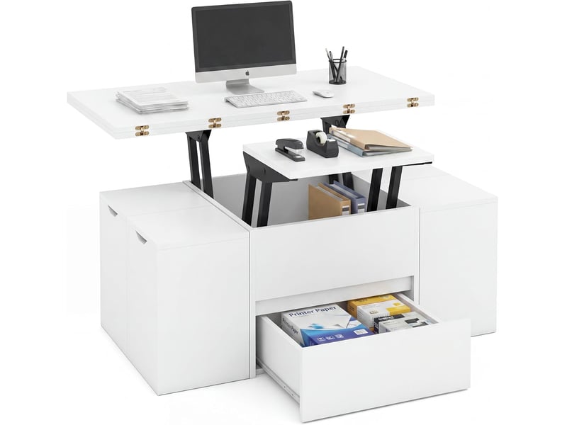  Table basse relevable avec 4 tabourets de rangement, compartiment caché, 1 tiroir, table de café moderne avec plateau relevable, charge 75 kg (blanc)  - Conforama A