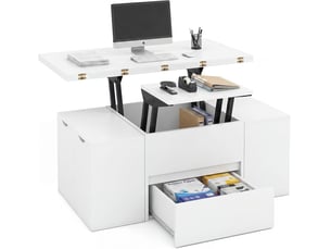 Table basse relevable avec 4 tabourets de rangement, compartiment caché, 1 tiroir, table de café moderne avec plateau relevable, charge 75 kg (blanc)