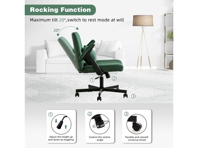Chaise de bureau pivotante 360° réglable avec accoudoirs rabattables roulettes silencieuses - tissu velours vert - Conforama E