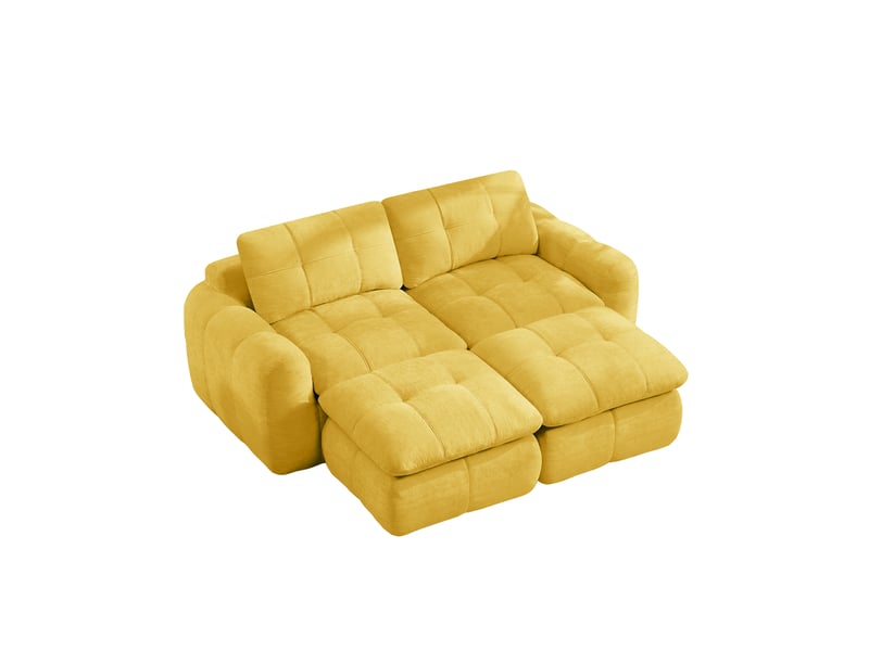 Canapé modulable 2 places jaune en chenille, assise large et profonde, 2 poufs, design matelassé pour salon et appartement - Conforama A