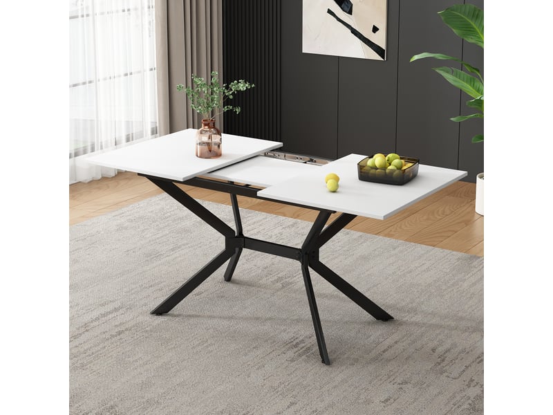  Table de salle à manger extensible pour 4 à 6 personnes avec plateau réglable et pieds métal, mdf blanc  - Conforama B