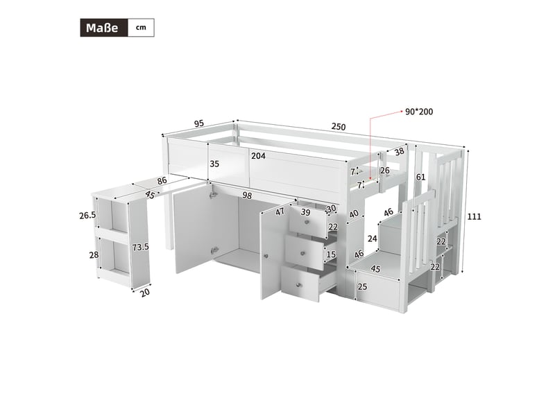  Lit mezzanine enfant multifonctionnel avec bureau escamotable et compartiment de rangement latéral, armoire, tiroir, escalier et placard sous l'escalier, sans matelas, mdf, blanc 90*200  - Conforama C