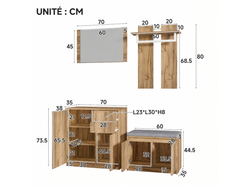  Ensemble meuble d'entrée 130x35x124,5 cm avec miroir, éclairage led et rangements  - Conforama C