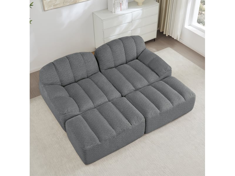 Canapé modulaire 2 places avec 2 poufs gris en tissu bouclette - Conforama D