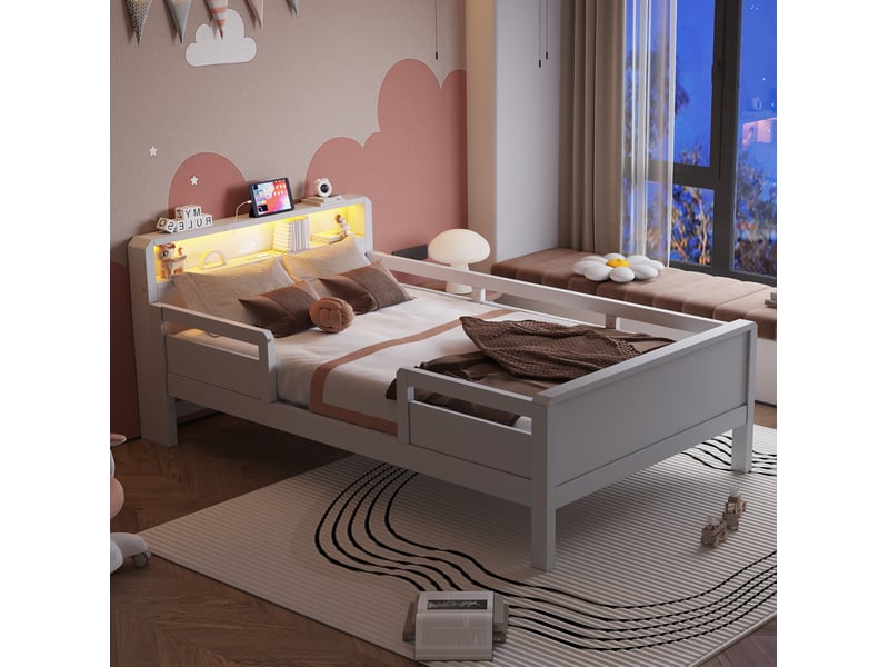 Lit enfant modenvie 90 x 200 cm avec tête de lit de rangement led usb et usb-c bois de pin blanc  - Conforama D