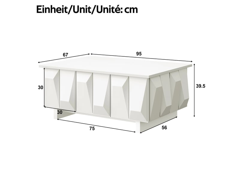  Table basse 95x67x39,5 cm avec rangement, façades 3d, panneau de particules, blanc  - Conforama C