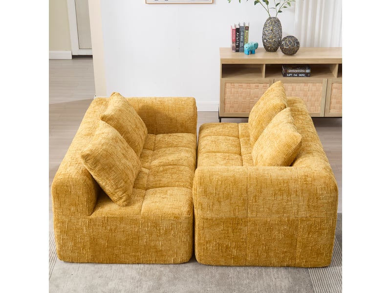  Canapé d'angle 250x158x60cm, poches latérales range-télécommande, 3 coussins inclus, 3 places, revêtement en tissu jaune  - Conforama D