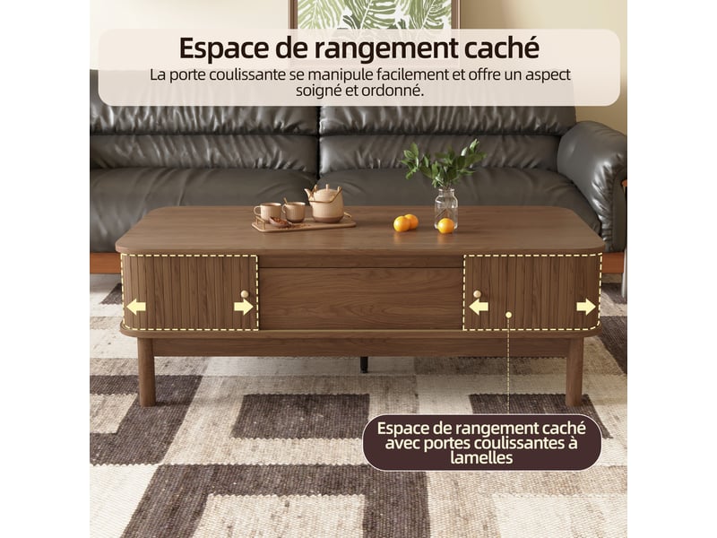  Table basse 120 × 62 × 41 cm en mdf avec tiroir, portes coulissantes à lamelles et rangement caché, marron, pour salon  - Conforama D