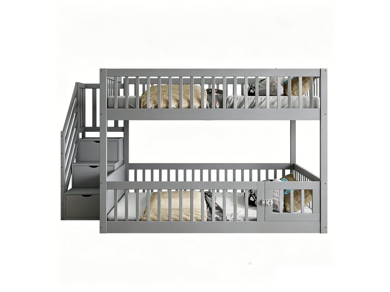 Lit superposé enfant 140x200 cm – gris – escalier à tiroirs et barrières de sécurité - sans matelas - Conforama A