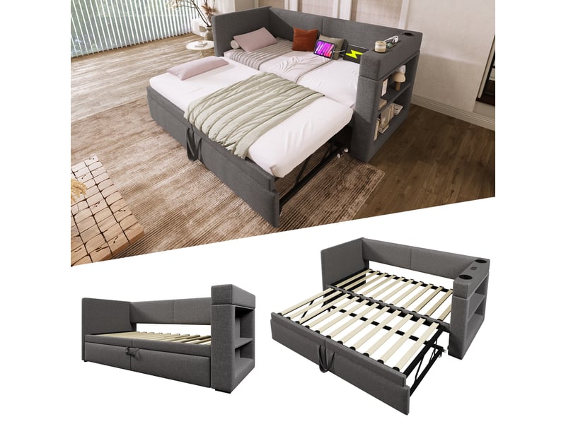  Lit banquette 90x200 cm gris, canapé-lit avec lit gigogne, accoudoirs avec ports usb &amp; type-c, porte-gobelets pour chambre d'amis  - Conforama B